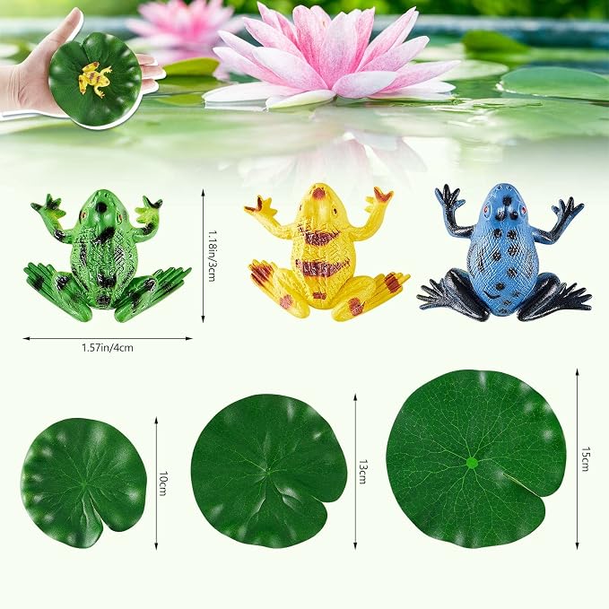 Hungdao 24 Pieces Mini Plastic Frog Toys & Artificial Lily Pads, Include Colorful Realistic Frogs Rainforest Animals Pond Toys & Floating Foam Leaves for Kids Sensory Bin Water Table Pool Cake Decor