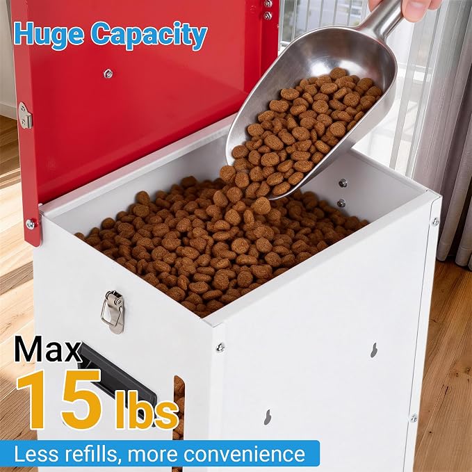 Automatic Dog Feeder - 15LBS Capacity Auto Gravity Dispenser | Powder Coated Dog Feeder, Waterproof for Indoor & Outdoor Use, 10.2"L x 8.3"W x 19"H, Red and White