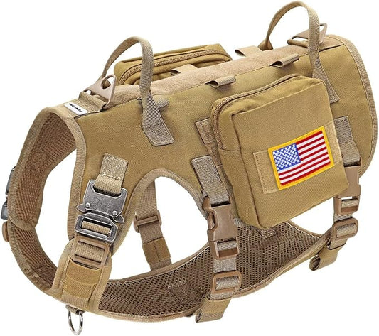 Forestpaw Tactical Dog Harness Pouches and Patches Set,M,Brown | Adjustable Fits 22-35" Chest,30-80 lbs,No Pull Military Style Service Dog Vest for Daily Walking Training,Medium Dogs