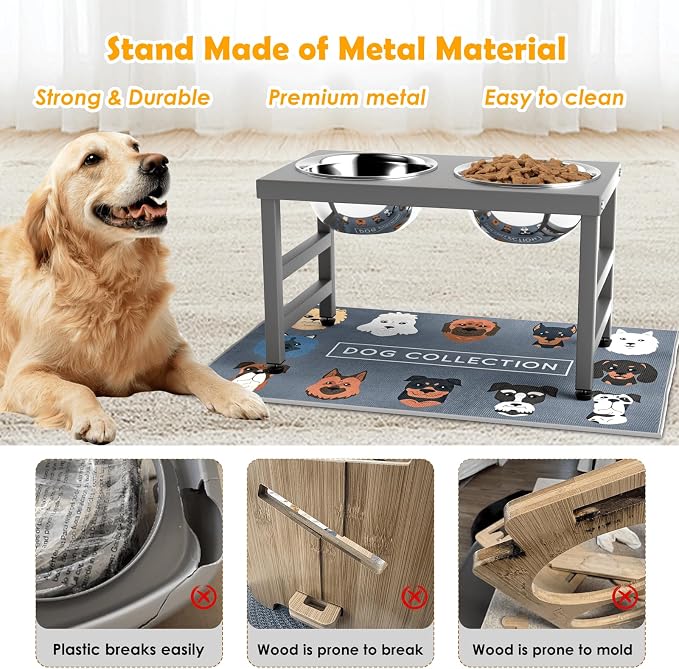 10'' Metal Raised Dog Bowl Stand, Elevated Dog Bowls with 2 Stainless Steel Bowls (1700ml/58oz) & Anti-Spill Mat for Medium/Large Breeds,Gray