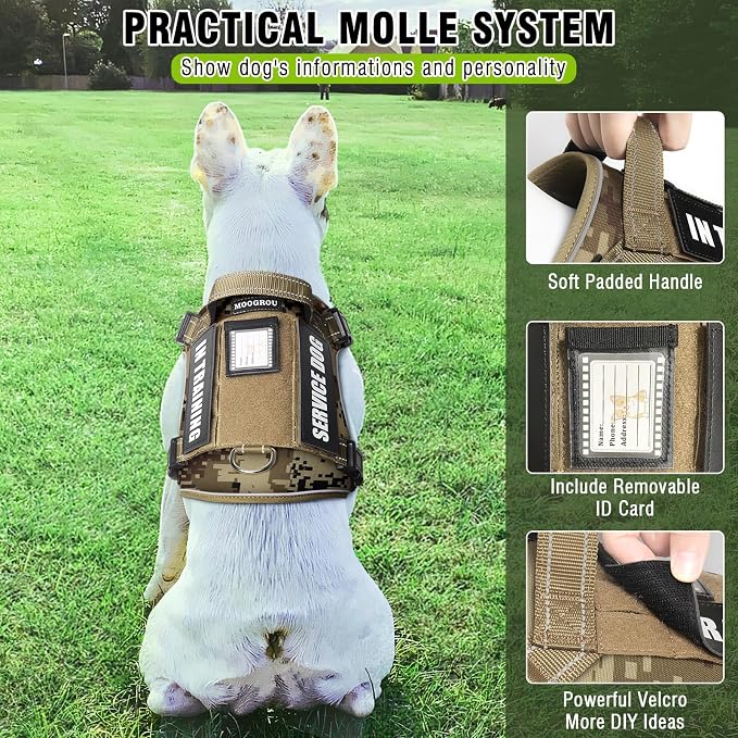 Tactical Dog Harness and Leash Set with 10 Patches for Medium Dogs | Heavy Duty No Pull Service Animal Dog Vest with Dog Seat Belt ,Adjustable Reflective Easy Walk for Training Hiking Camo M