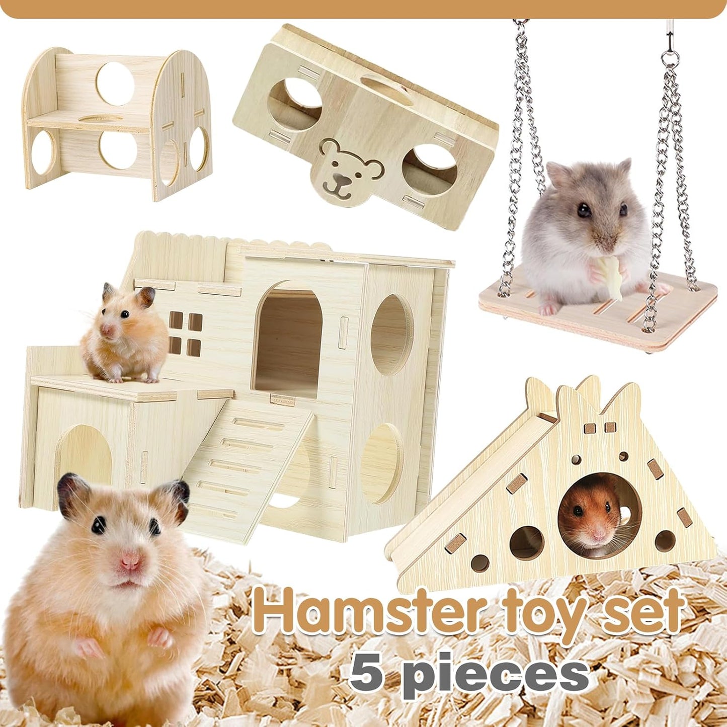 Hamster Toys 5-Piece Set ，Hamster House, Swing, Climbing Ladder, Seesaw & Exercise Wheel，Pet DIY Sport Exercise Toys Set, Small Animal Habitat Accessories ，Gerbils, Mice（Natural Wood）