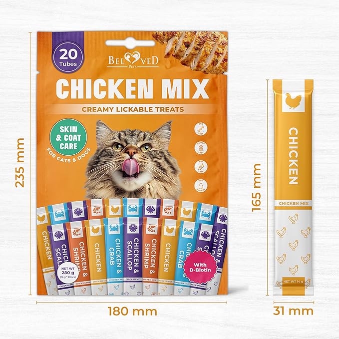 Beloved Pets Creamy Lickable Cat Treats & Wet Food Squeeze Tubes – Liquid Kitten Snacks, Skin & Coat Health, Multivitamin Treats for Cats, & Small Dogs, Lick Up 40 Chicken Mix