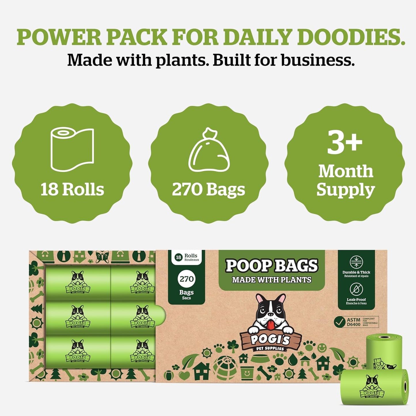 Pogi's Compostable Poop Bags – Leak-Proof, Extra-Large, Made with Plants – 18 Rolls (270 Bags)