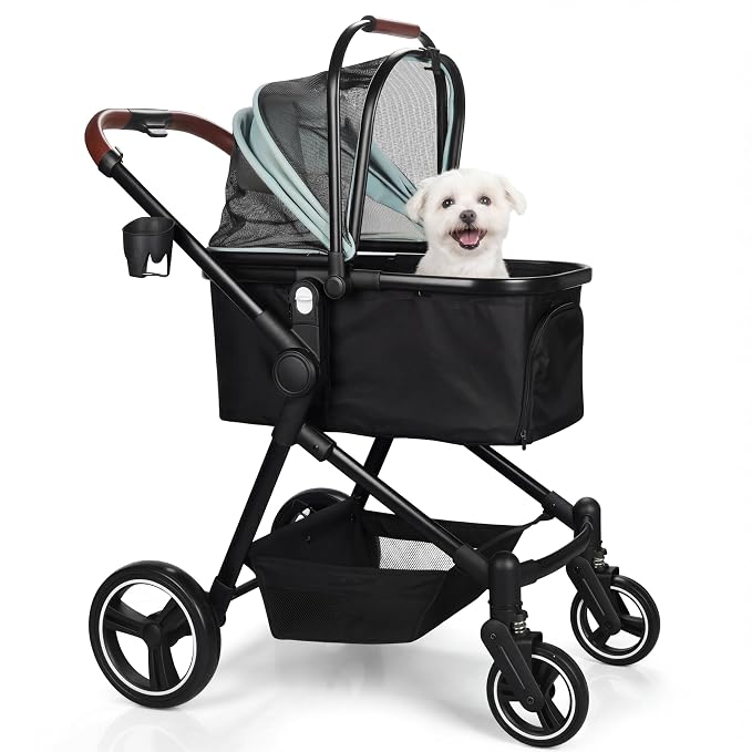 3-in-1 Foldable Pet Stroller for Dogs & Cats, 33lbs | All-terrain 7"/10" wheels | Compact storage | Storage basket | Breathable linen | Cup holder & rear brakes