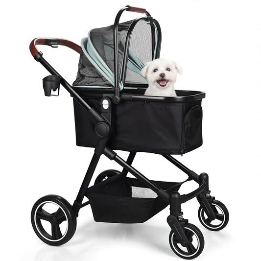 3-in-1 Foldable Pet Stroller for Dogs & Cats, 33lbs | All-terrain 7"/10" wheels | Compact storage | Storage basket | Breathable linen | Cup holder & rear brakes