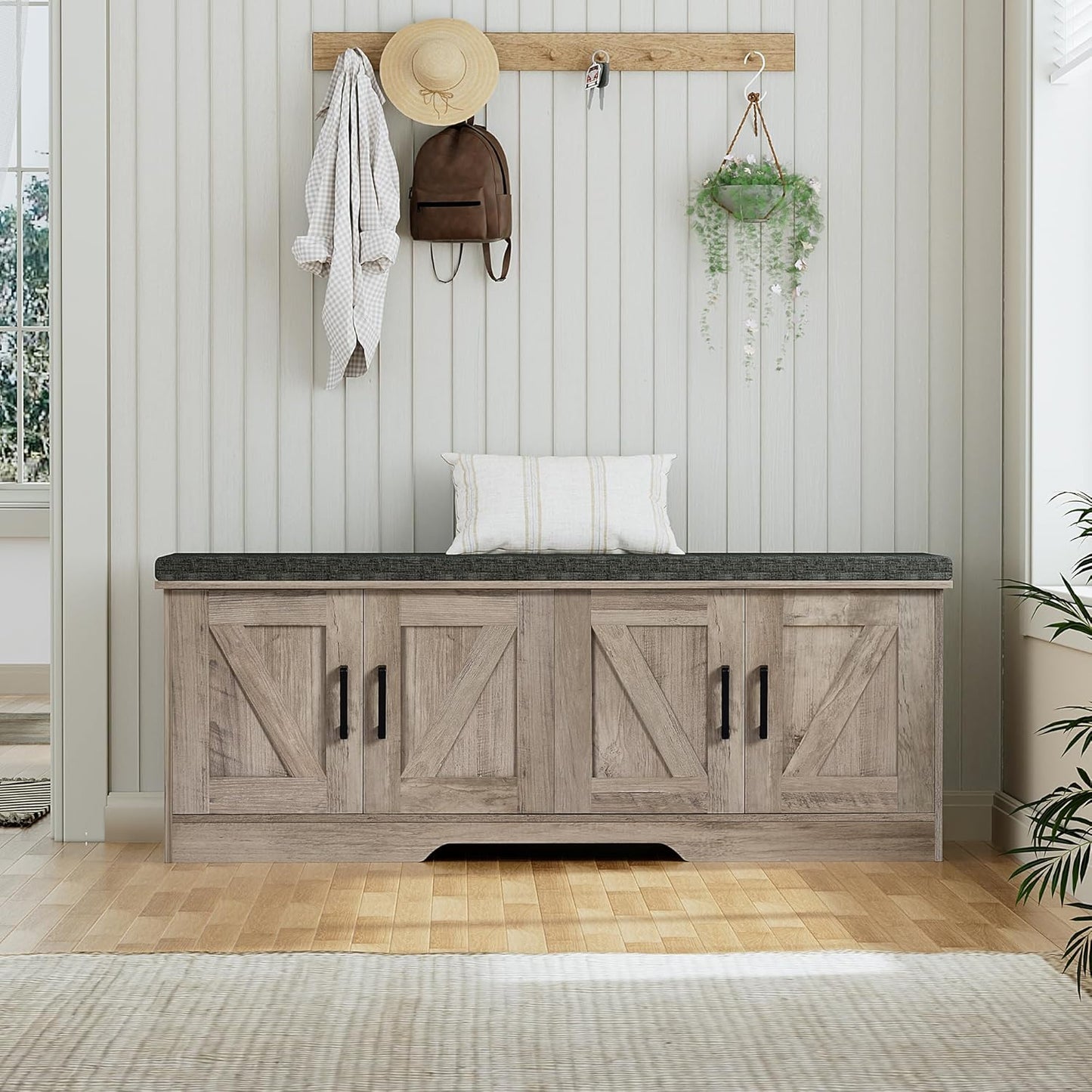 2-Tier Storage Bench, Shoe Bench with Padded Seat Cushion, Entryway Bench with 4 Barn Doors, Adjustable Shelf, 13.8" D x 47.2" W x 17.7" H, for Entryway, Living Room, Bedroom, Greige