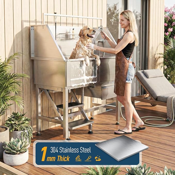 46" Dog Washing Station, 304 Stainless Steel, 440 lb, Side Step | hot cold faucet, fixed sprayer, shampoo dispenser, storage drawer, S-trap, hair filter, garage outdoor grooming