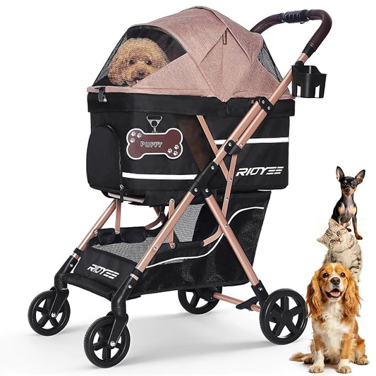 RIDYEE Dog Stroller, Foldable & Lightweight Pet Stroller for Small Medium Dogs & Cats up to 33 lbs, All-Terrain Shock Absorbing Wheels, Fully Ventilated, Storage Basket & Cup Holder