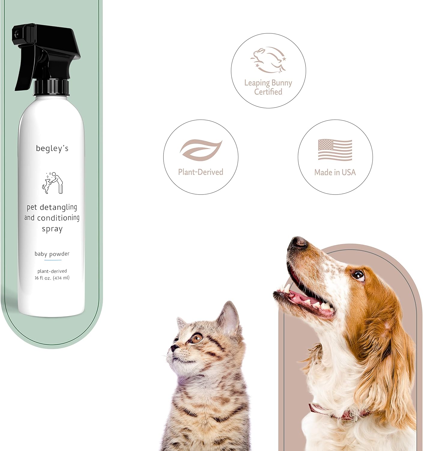 Begley's Pet Detangling Spray - Premium Essential Oil Scented Detangler Spray for Dogs, Puppies & Cats - Dog Leave in Conditioner Spray - Dematting Spray for Dogs & Pets - 16 oz, Baby Powder