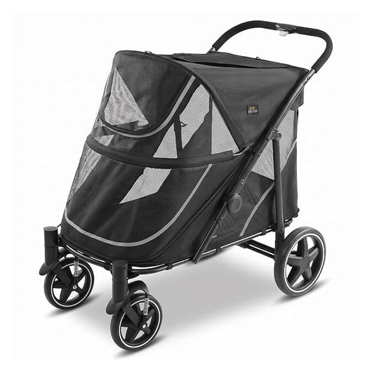 CANINE CANYON Denver Dog Stroller for Large & Medium Dogs- Easy Fold All-Terrain Pet Stroller for 2 Dogs with Dual Entry, One-Foot Brake, Sunroof & Breathable Windows, Up to 130 lbs, Black