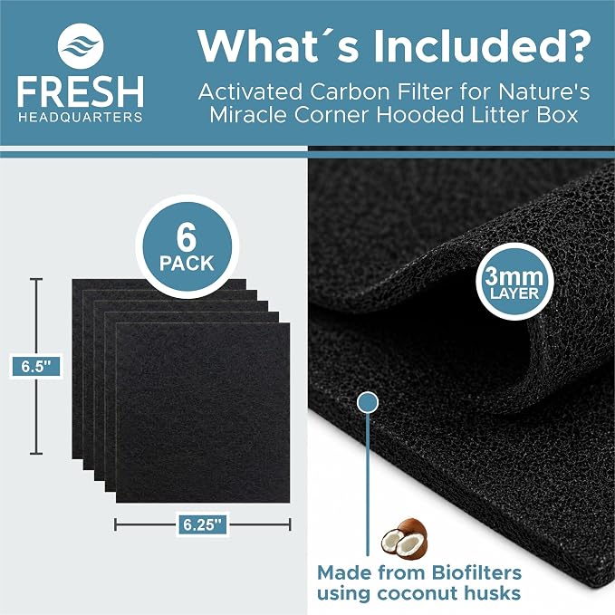Fresh Headquarters 6-Pack Activated Carbon Cat Litter Box Filter Replacement for Nature's Miracle Corner Box - Charcoal Filters for Hooded Litter Boxes - Odor Control - Made in USA - 6.5" x 6.25"