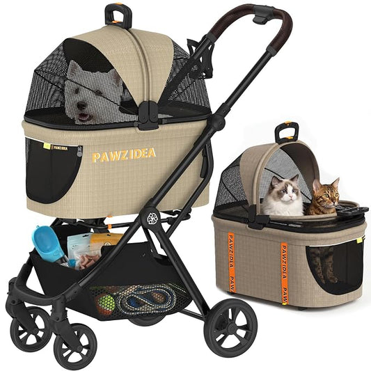 PAWZIDEA 4-in-1 Pet Stroller with Detachable Carrier, Escape-Proof No-Zip Canopy, Lightweight Foldable Dog Stroller for Small Medium Dogs & Cats, Portable Travel Crate & Car Seat Combo, Storage Basket