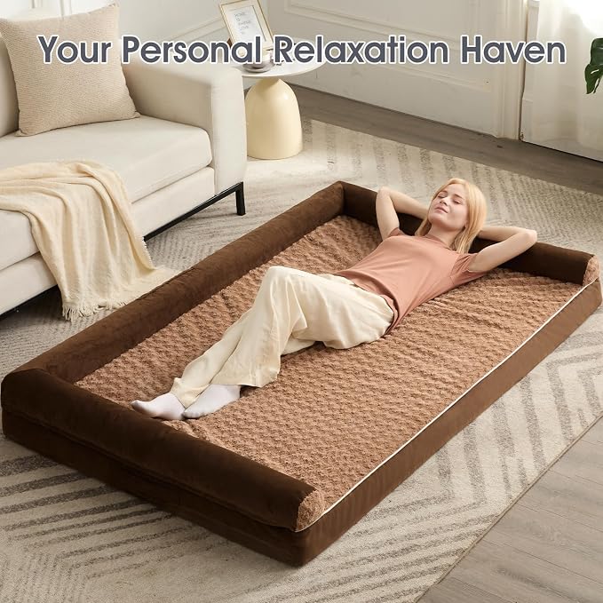 BFPETHOME Orthopedic Washable Human Dog Bed for Adult & Dog Cozy Sleep | Human Size Waterproof Big Soft Pet Couch Bed for Adult & Dogs Relax with Removable Cover Supportive Foam Brown 71x46 Inch