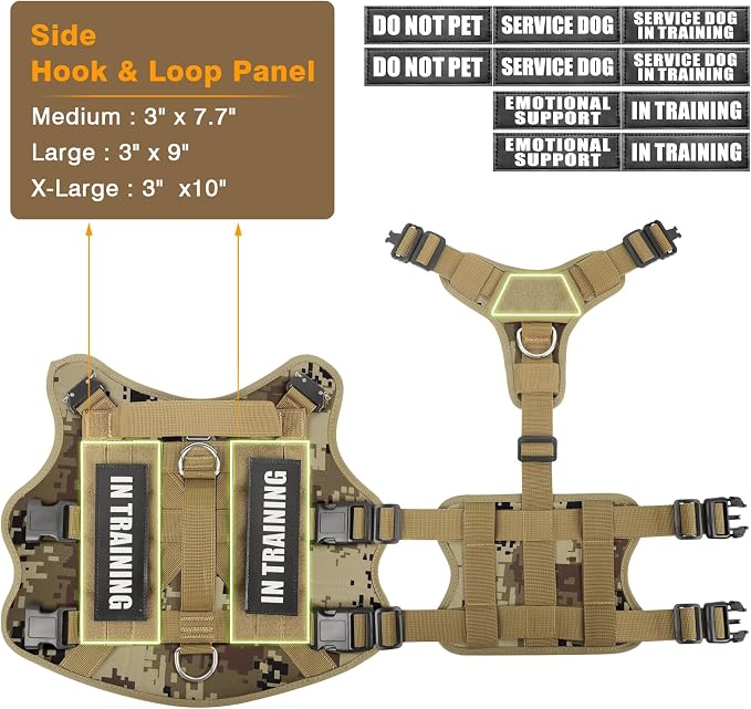 Tactical Dog Harness with Dog Leash, Service Working MOLLE Vest with 10 Pet Patches for Dog, No Pull Military Harness and Backpack for Training Hunting Walking