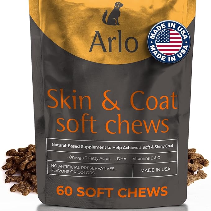 Arlo Pet Supplies Skin and Coat Supplement for Dogs, 60 Soft Chews, Omega 3 Fatty Acids, DHA, Vitamins E and C, Restore Soft, Shiny Hair and Diminish Irritation, Made in USA