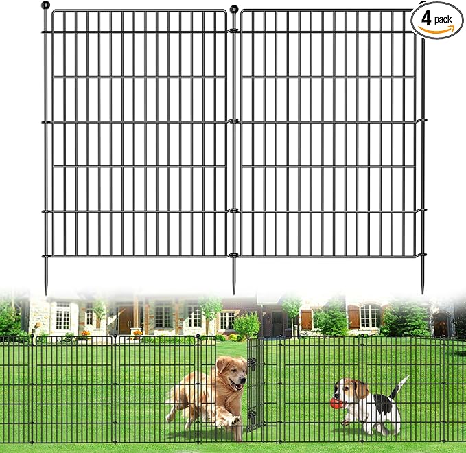 4 Panels No Dig Garden Fence with Gate, 48in(H) × 10.5ft(L) Decorative Metal Outdoor Dog Fence, Rustproof Pet Fencing for Yard, Patio, Flower Bed -Temporary Fencing| Easy to Install