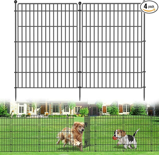 4 Panels No Dig Garden Fence with Gate, 48in(H) × 10.5ft(L) Decorative Metal Outdoor Dog Fence, Rustproof Pet Fencing for Yard, Patio, Flower Bed -Temporary Fencing| Easy to Install