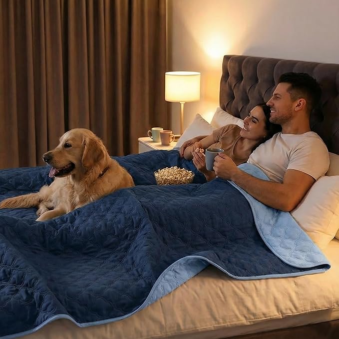 Waterproof Dog Blanket, Couch Cover for Dogs Washable, Reversible Dog Bed Cover, Couch Furniture Protector. (Dark＆Light Blue, 82 X 120 Inch - 1 Pack)