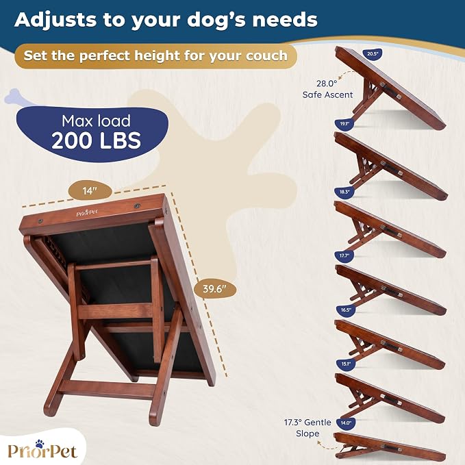 Dog Ramp for Couch – Non-Slip, Sturdy Build Foldable Wooden Dog Ramp – Supports up to 200 lbs – 7 Adjustable Heights (14"–20.5") – Enhanced Stability – Birchwood Pet Ramp for Small Dogs – Walnut