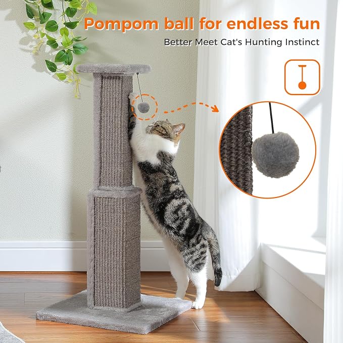 PAWZ Road Cat Scratching Post 32” Tall Square Cat Scratcher | Heavy Duty Cat Post with 16x16”Large Base Covered Sturdy Woven Sisal Scratcher and Cat Toy Ball for Adult and Indoor Cats