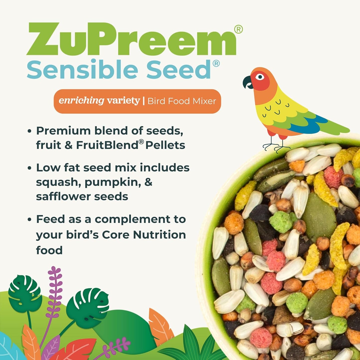ZuPreem Sensible Seed Bird Food, Amazon, Cockatoo, Macaw, Bird Seed and Pellets Blend, ZuPreem Feed Mixer Topper, Enriching Variety, Made in USA, Macaw Food, (Large, 2 lb bag)