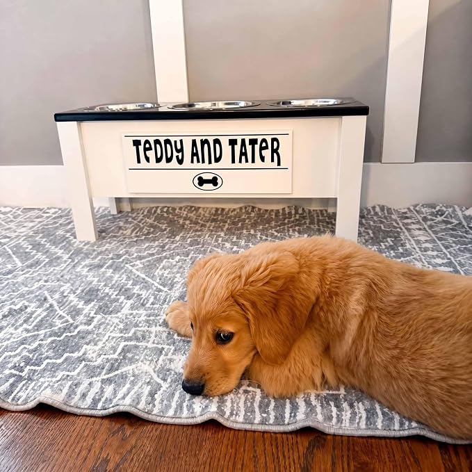 3 Bowl Dog Feeding Station, Personalized Triple Bowl Food Stand Large Dogs | Farmhouse Style, Elevated Wood Stand, Storage Container, Stainless Steel Bowls, Raised Feeder, Large Breed, Made in USA