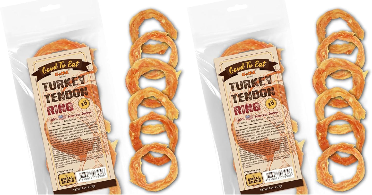 Gootoe Turkey Tendon Dog Treats, Ring (S) 6 Pieces per Pack, USA-Sourced Turkey Tendon, Natural Snack, Premium Puppy Chews, Hypoallergenic, Reseal Value Bags, Size for Small Dogs (Pack of 2)