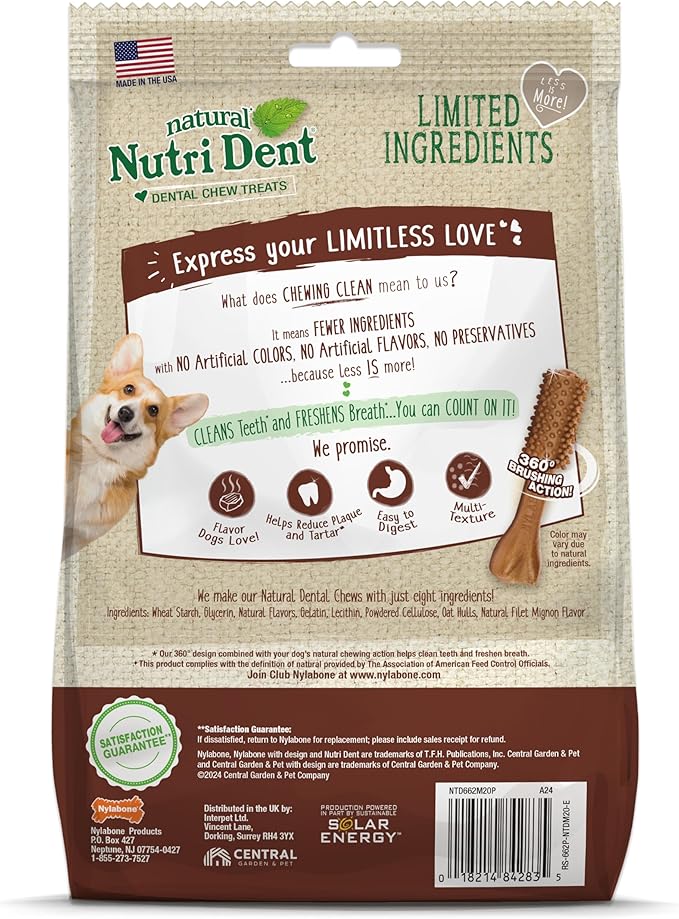 Nylabone Nutri Dent Dog Dental Chews - Natural Dog Teeth Cleaning & Breath Freshener - Dental Treats for Dogs - Filet Mignon Flavor, Medium (20 Count)