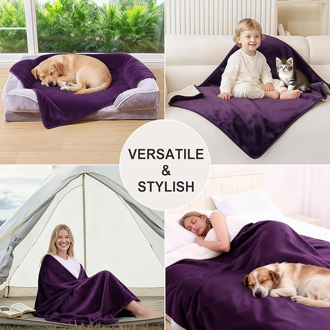 Smiry Waterproof Dog Bed Blanket, Leakproof Pet Throw Blanket for Bed Couch Sofa, Reversible Sherpa Fleece Furniture Protector Cover for Small Medium Large Dogs Cats (Purple, 40x57 inches)