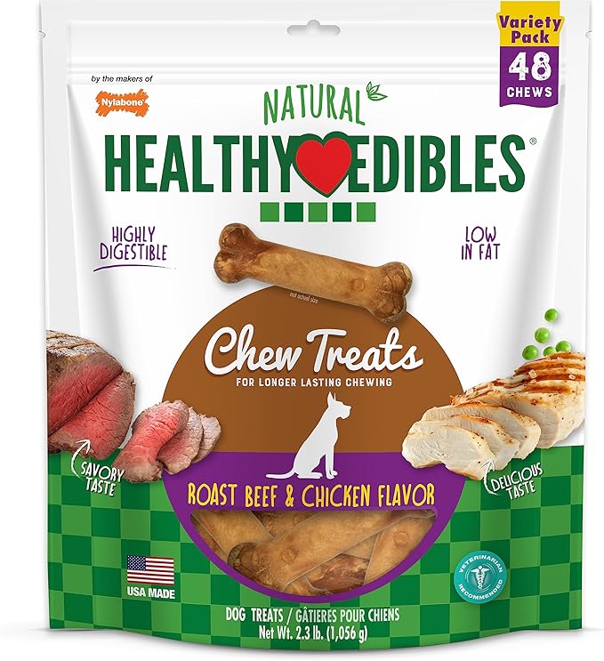 Nylabone Healthy Edibles Natural Dog Chews, Long Lasting Bones for Dogs, Roast Beef & Chicken Flavor Dog Treats, X-Small (48 Count)