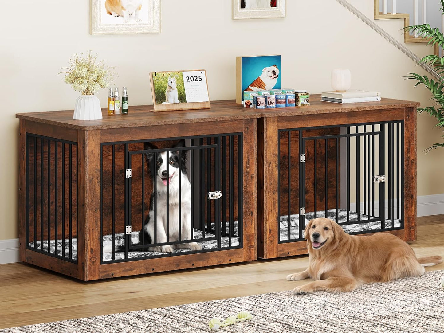 YITAHOME 76 Inch Double Dog Crate Furniture, XXL Dog Crate Furniture for 2 Dogs, Side End Table, Waterproof, Safety Corners, 2-in-1 Iron-Wood Fusion Dog Kennel Furniture for 2 Large Dogs,Rustic Brown