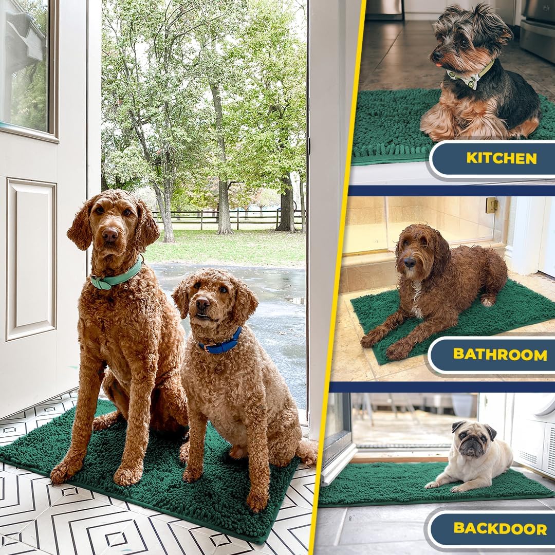 Muddy Mat® AS-SEEN-ON-TV Highly Absorbent Microfiber Dog Door Mat and Pet Rug, Non Slip Thick Washable Area and Bath Mat Soft Chenille for Kitchen Bathroom Bedroom and Indoor-Dark Green Runner 24"X60"