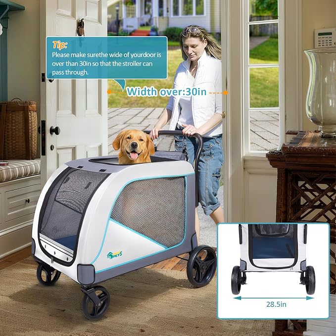 Ownpets Extra Large Dog Stroller for Large Breeds, 154 lbs Capacity, Black | Low 12" entry, one-click fold, all-terrain rubber wheels, spacious 38"x28" cabin, waterproof, safety tether