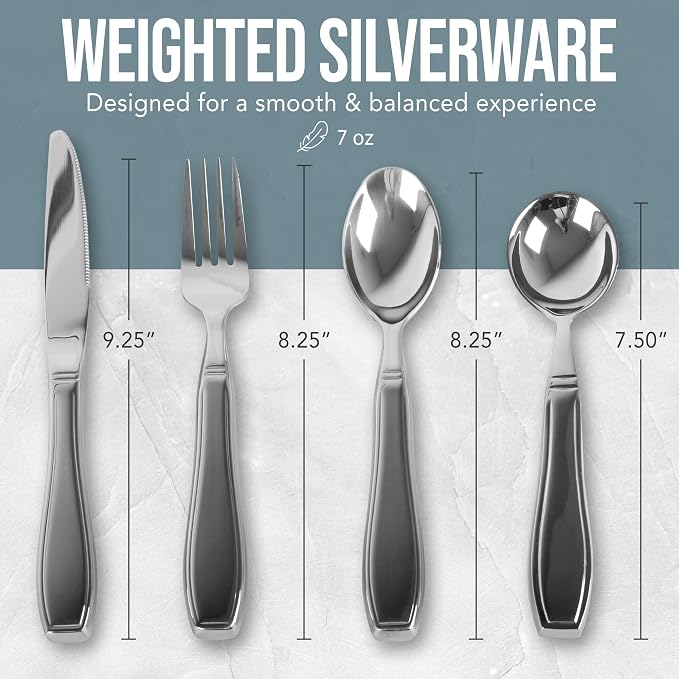BUNMO Weighted Utensils for Hand Tremors - Elderly, Weak Hand Grip & Handicapped - Stainless Steel - Eat Independently