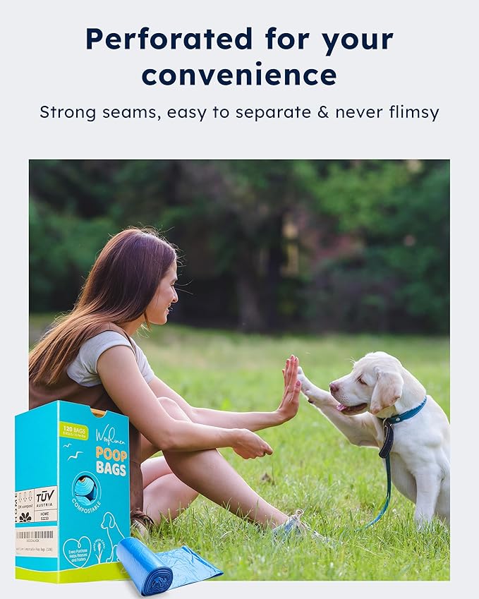 Wooflinen Unscented Dog Poop Bags – Leak-Proof Dog Poop Bags Rolls – Large 9x13”, Durable, Easy Tear – Made from Plant-Based Materials – For Big & Small Dogs – 120 Bags (8 Rolls)