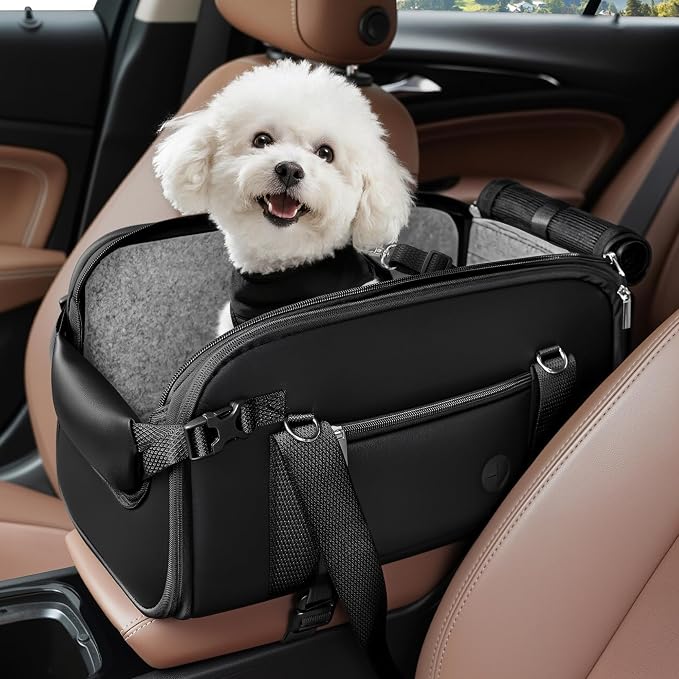 YUDODO 2-12lbs Center Console Dog Car Seat, Pet Booster Seat for Small Dogs | Portable Puppy Cat Seat, PU Leather, Waterproof, Wipe Clean, Safe & Durable, Side Pockets, for Truck & SUV-Width>8in, Black
