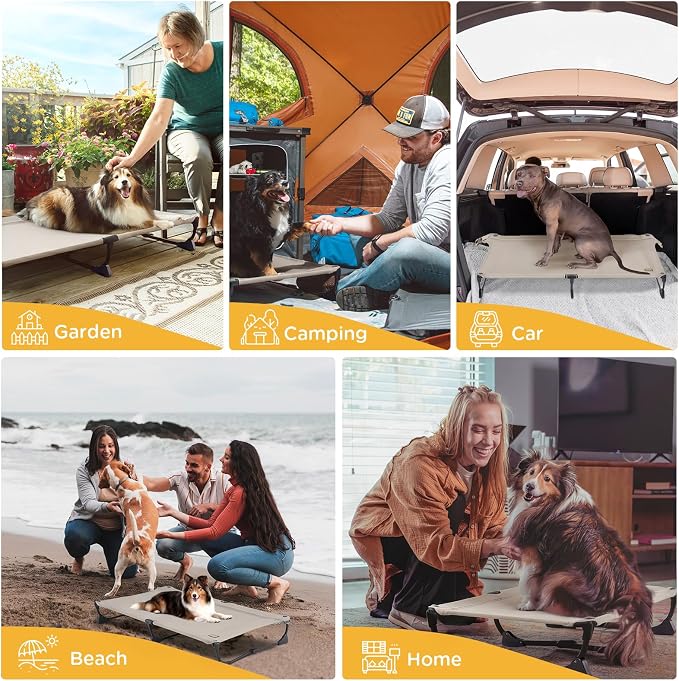 Upgraded Non-Slip Daisy Cot, Medium Foldable Elevated Dog Bed, Portable Raised Outdoor Folding Dog Cot for Camping/Home, Chew Proof Waterproof Heavy Duty Up to 160 Lbs, Brown, 32"x 23"
