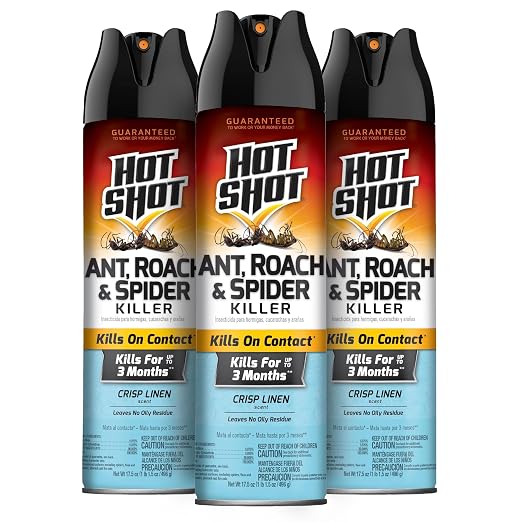 Hot Shot Ant, Roach and Spider Killer, 17.5 Ounces, Crisp Linen Scent Formula Kills Ants, Roaches, Spiders and Other Listed Insects On Contact, 3 Pack