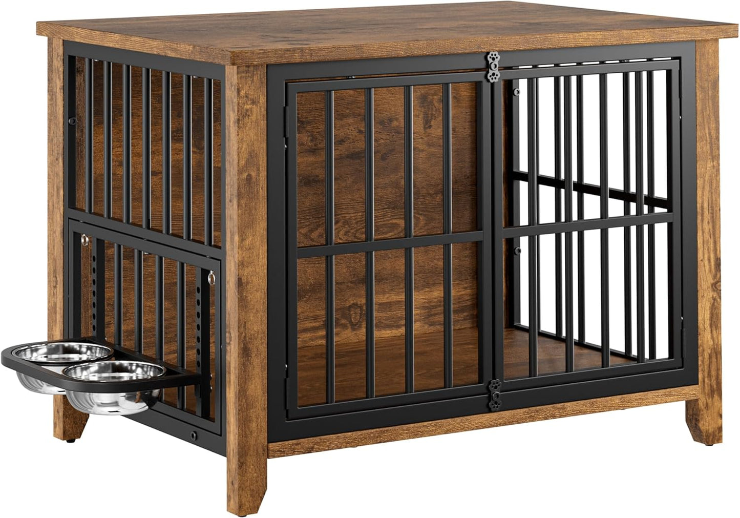 Lulive Dog Crate Furniture, Wooden Dog Kennel Indoor with Adjustable 360°& Height Dog Bowls, Double Doors Furniture Dog Crates End Table for Small/Medium 31.5" L*22.5" W*25.6" H, Brown