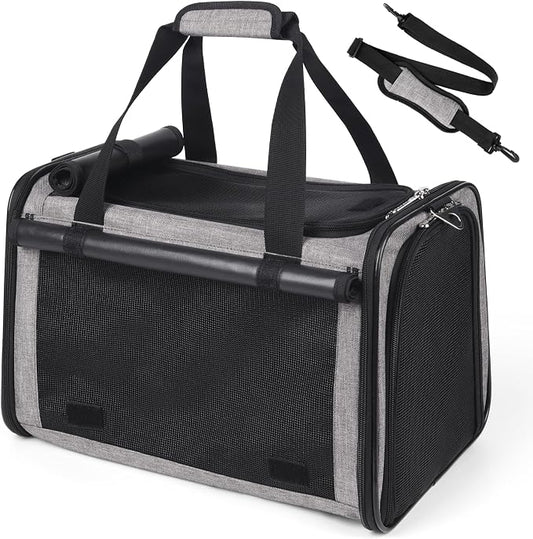 YUDODO 25 lbs Lightproof Soft Sided Large Cat Carrier for Small Dog Pet Airline Approved Travel Bag Puppy Carriers with Side Pockets & Reflective Mesh, Foldable Portable for Outdoor Car Grey