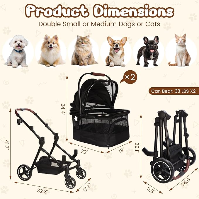 Foldable Double Pet Stroller for 2 Small Medium Cats Dogs | Convertible single/double | Detachable carriers | All-terrain wheels & shock | Safety brakes & tether | Breathable oxford