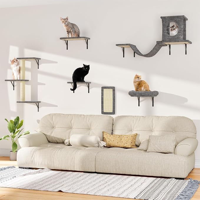 12-in-1 Cat Wall Shelves, Wall Mounted Cat Climber with Condo House, Scratching Post, Bridge Ladder, Space-Saving Indoor Play Furniture for Kittens, Dark Gray
