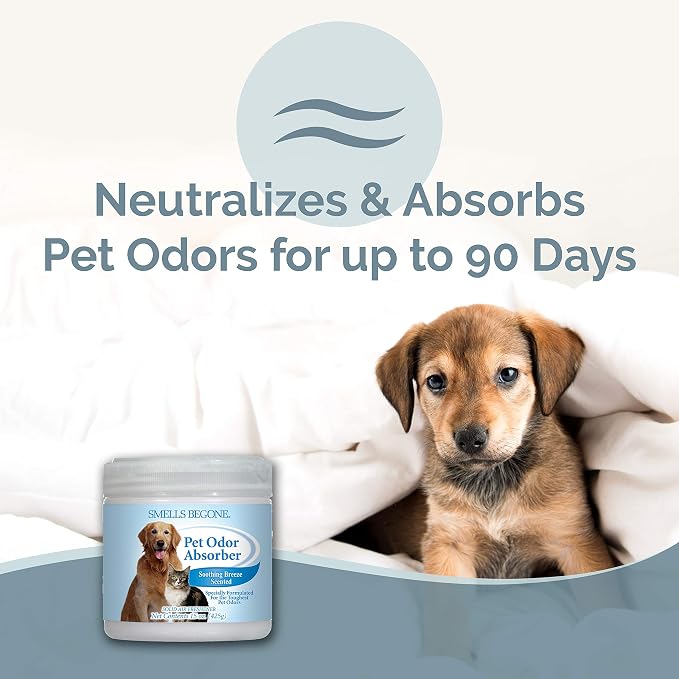 SMELLS BEGONE 15oz Gel Pet Odor Eliminator - Absorb & Remove Strong Odors from Pets, Cat Litter, Dog Poop, Urine Smells - Eliminate Whole Home Odors with Essential Oils (2-Pack, Pet Soothing Breeze)