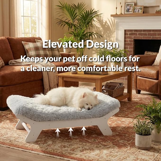 Elevated Wood Dog Bed Frame Mat Set, WoodPattern, Medium | Raised Sturdy Attractive Dog Sofa Couch Furniture, 60 lb