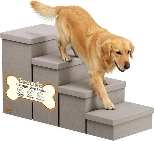 4-Step Wide Dog Stairs with Storage 23" H, Non-Slip Sturdy Pet Steps for High Bed Couch Window, Pet Stairs for Small/Medium/Large Old Dogs Cats Up to 220lbs, Cat Dog Steps for Car/SUV, Grey