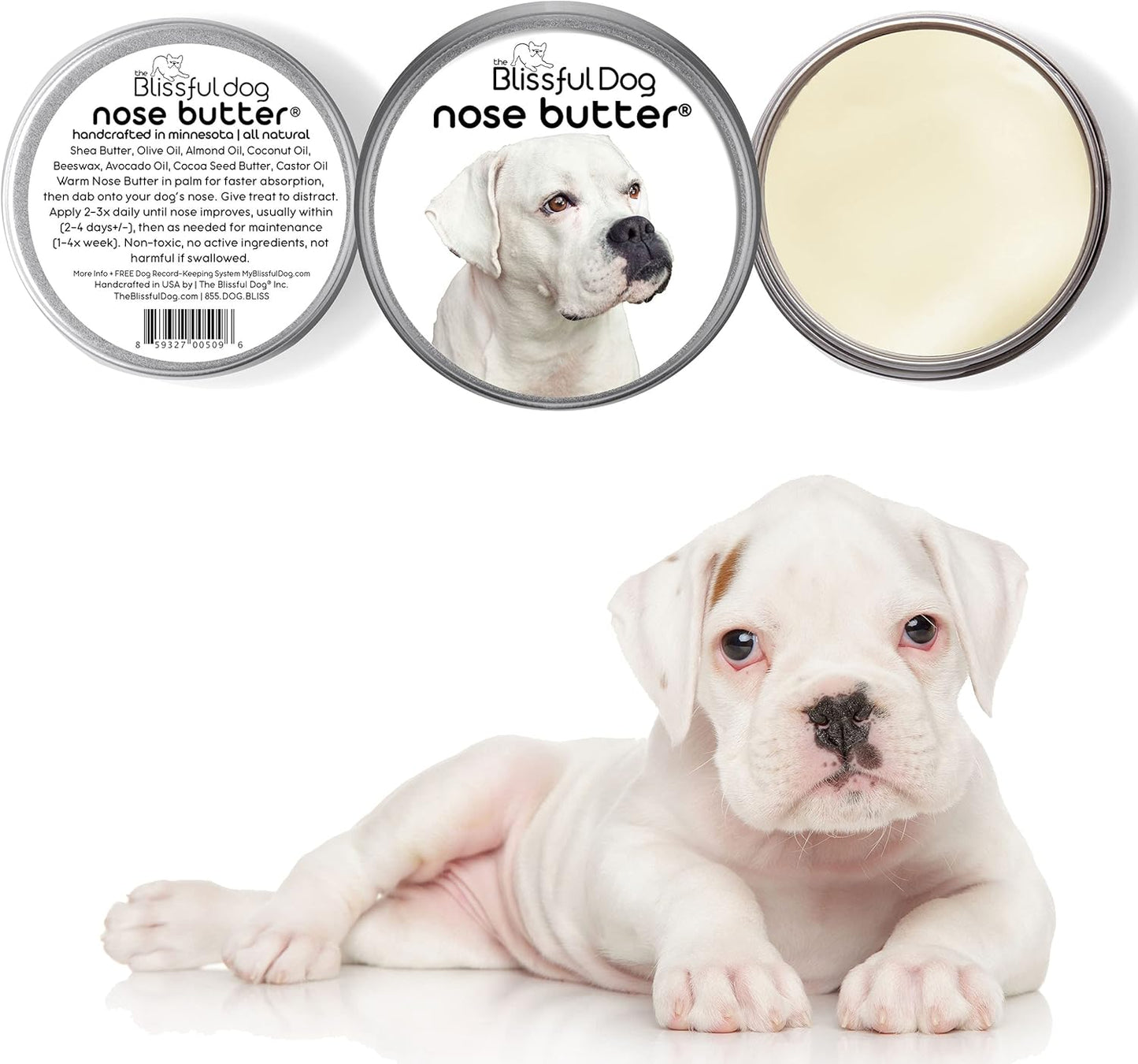 The Blissful Dog White Boxer Nose Butter for Dry, Cracked Skin, Lick-Safe Dog Nose Balm with Moisturizing Shea Butter, Almond, Olive, and Essential Oils, Pet Supplies, Uncented, 1 oz.