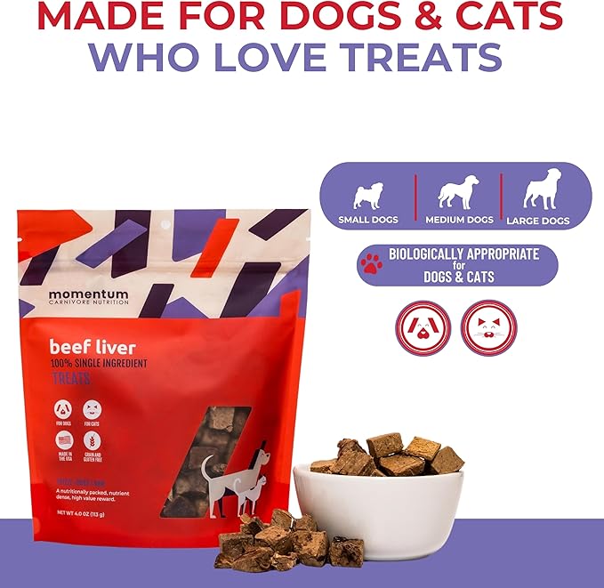 Momentum Carnivore Nutrition Freeze-Dried Beef Liver Dog Treats & Cat Treats – Single-Ingredient, High-Protein, Grain-Free, Nutrient-Rich – Made in USA – 4 oz Bag