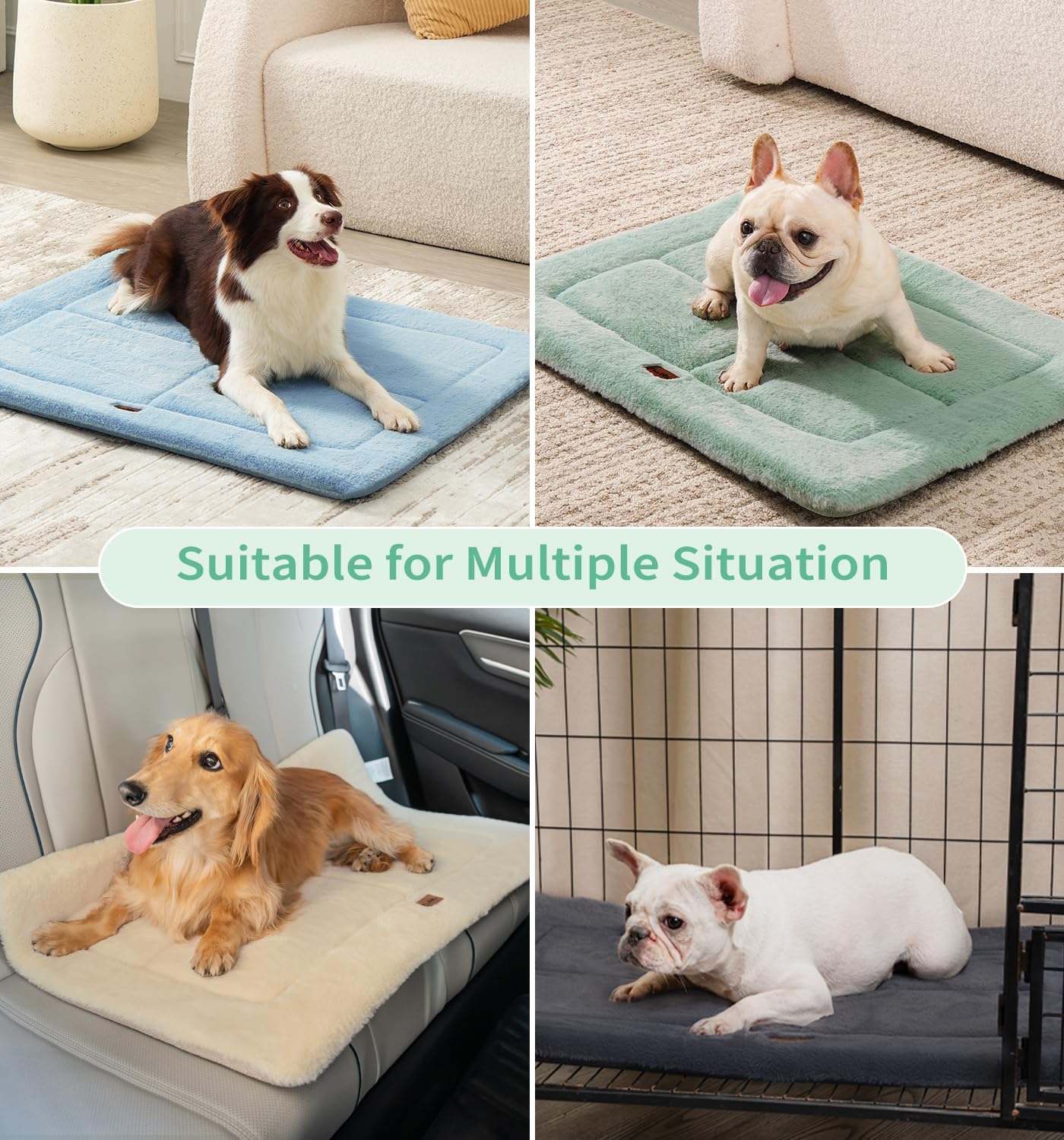 Made4Pets Dog Crate Pad Bed for Medium Large Dogs, Washable & Reversible, Anti-Slip Kennel Mat for Cozy Sleeping, Soft Fluffy Dog Bed for Indoor & Outdoor Use, 35"x23", Green