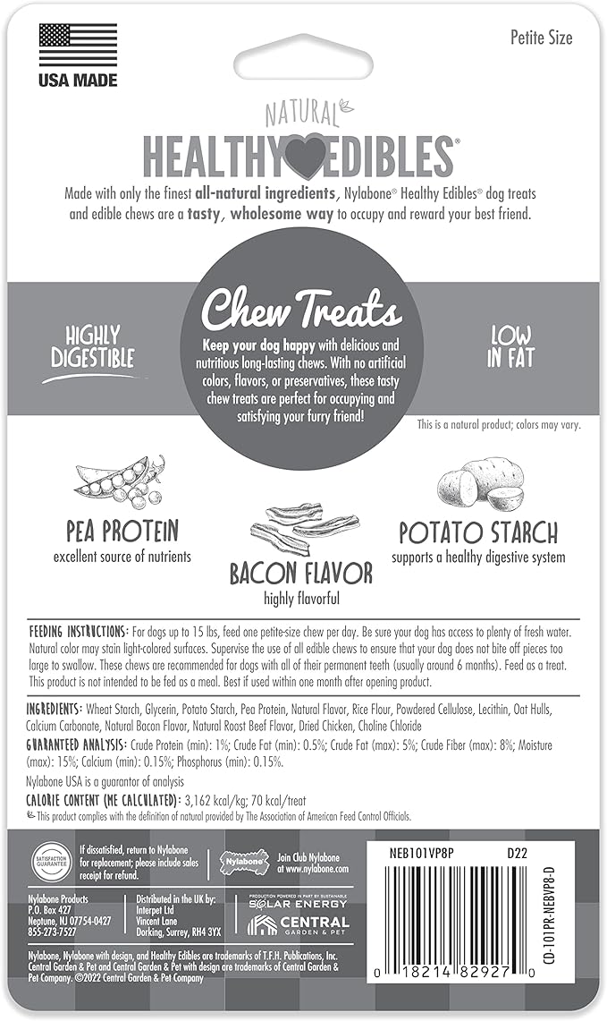 Nylabone Healthy Edibles Natural Dog Chews, Long Lasting Bones for Dogs, Bacon Flavor Dog Treats, X-Small (8 Count)